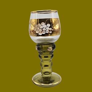 Vintage Gold Grape Wine Glass Goblet Green Stem MCM Barware